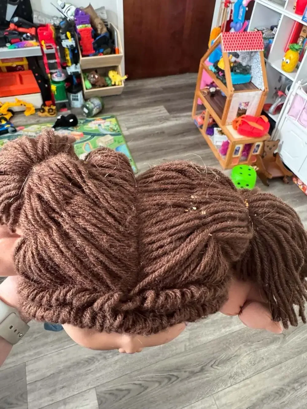 Vintage Cabbage Patch Kids Doll with Brown Yarn Hair and Quilted Patchwork Outfi